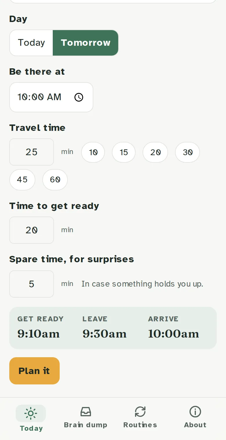 The leave planner for a 10am dentist appointment: get ready at 9.10, leave at 9.30.