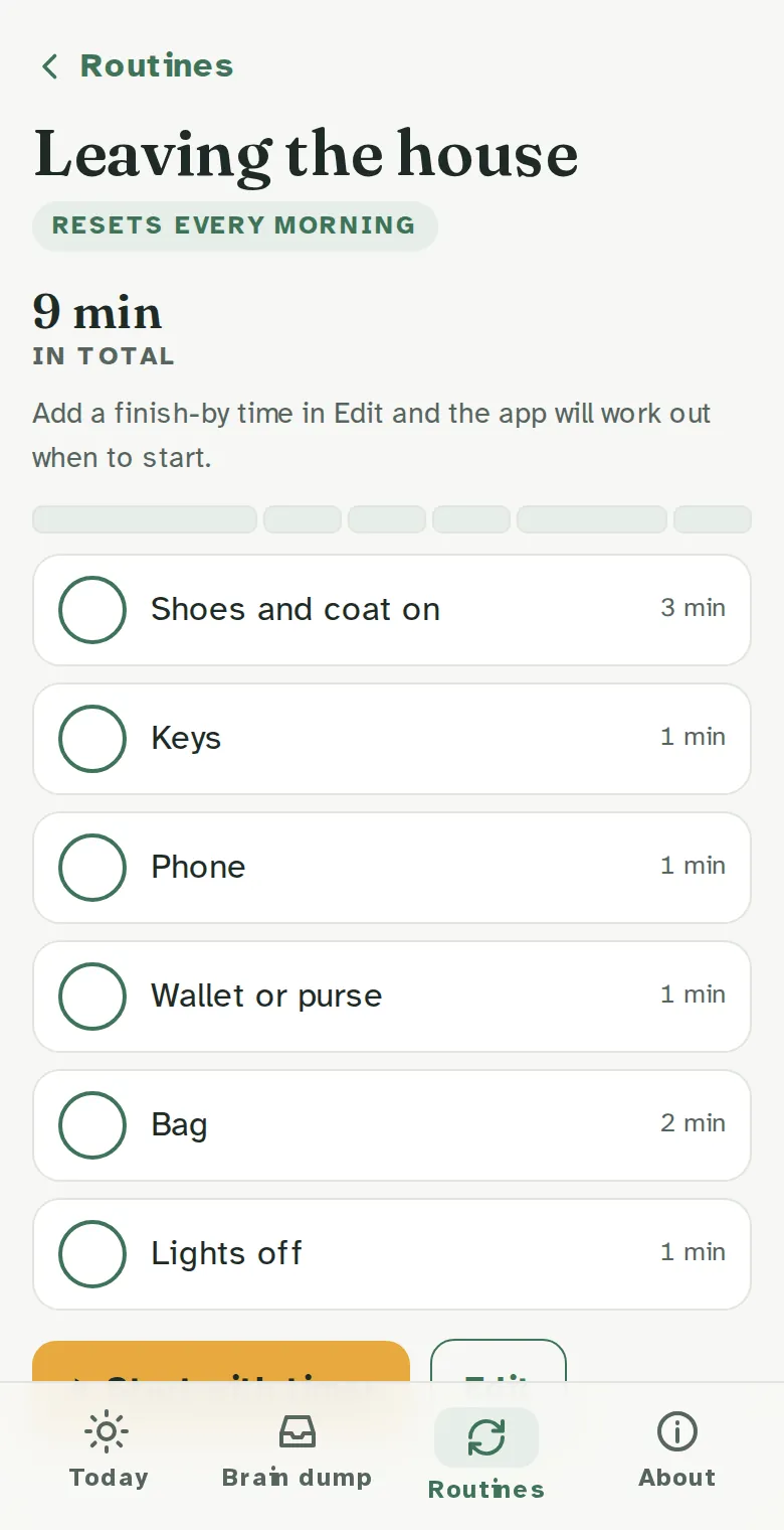 The Leaving the house routine: shoes and coat, keys, phone, wallet, bag and lights, with minutes for each step.