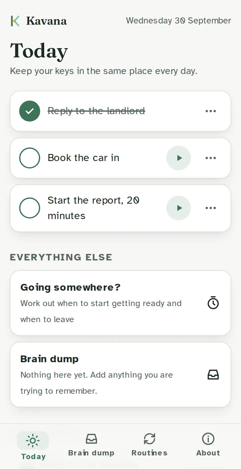 The Today screen: three tasks, one ticked off, each with a timer button.